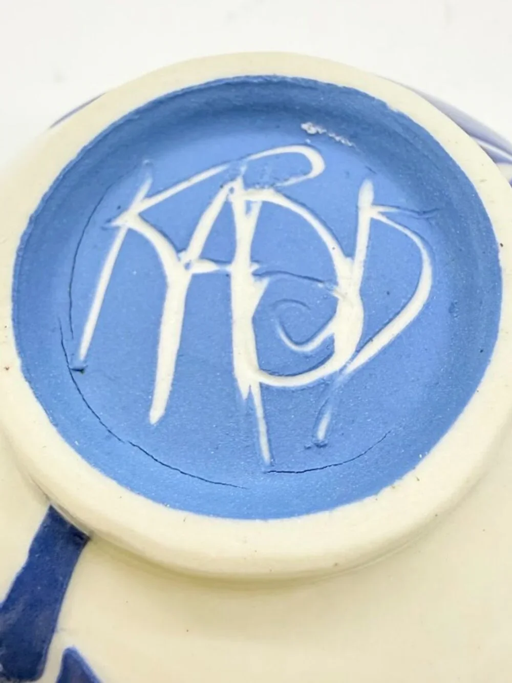 Karis Swink Barry Art Pottery Signed Blue Frog Soup Cereal Bowl Sgraffito Style